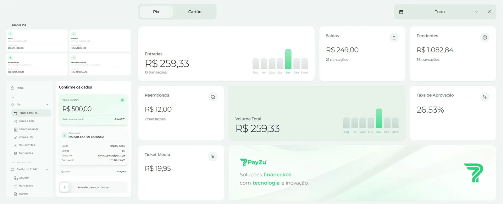 Dashboard do ecossistema PayZu - Plataforma de pagamentos digitais com PIX, TED e boletos